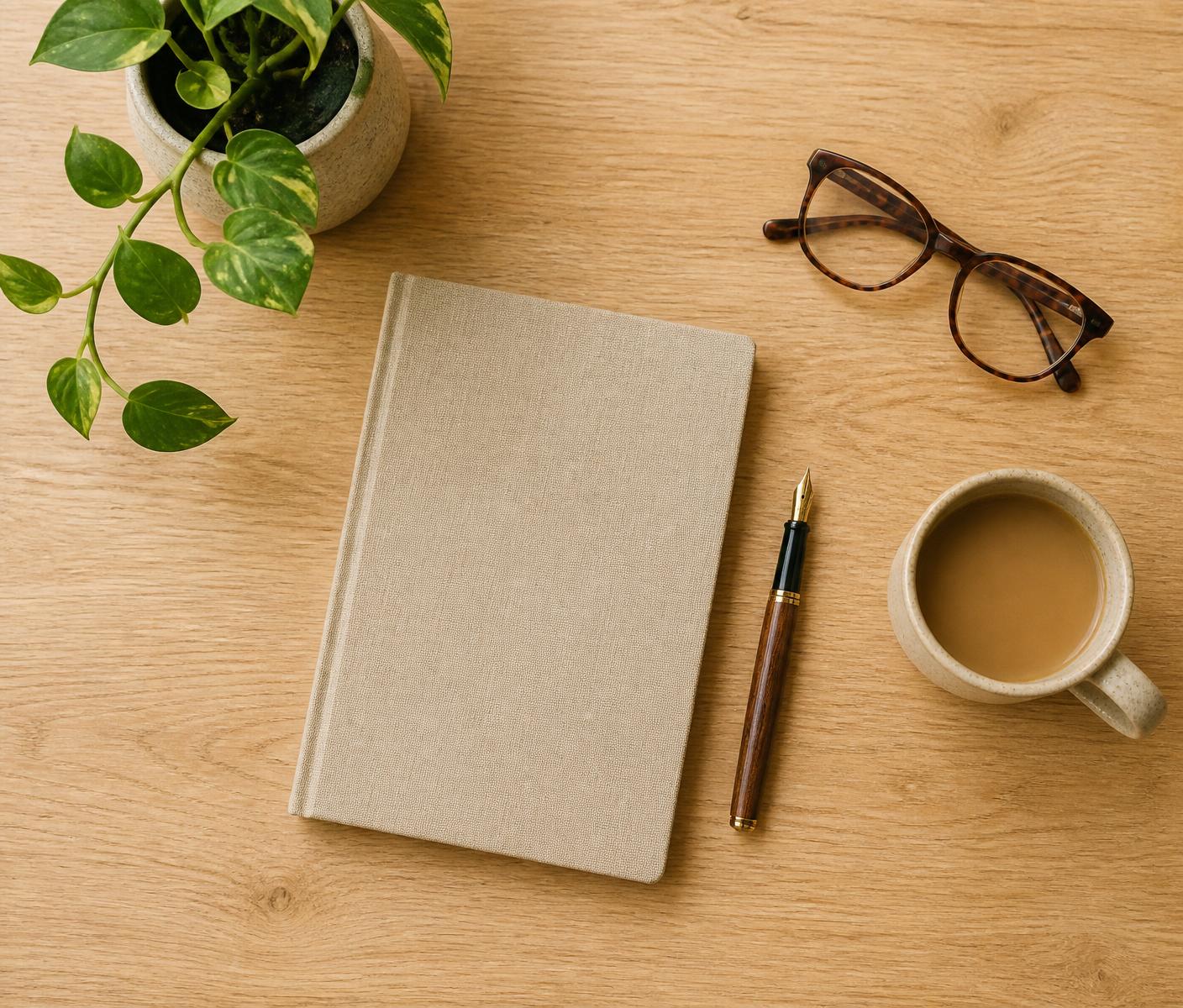 Organized desk with notebook and plant, representing structured business systems.